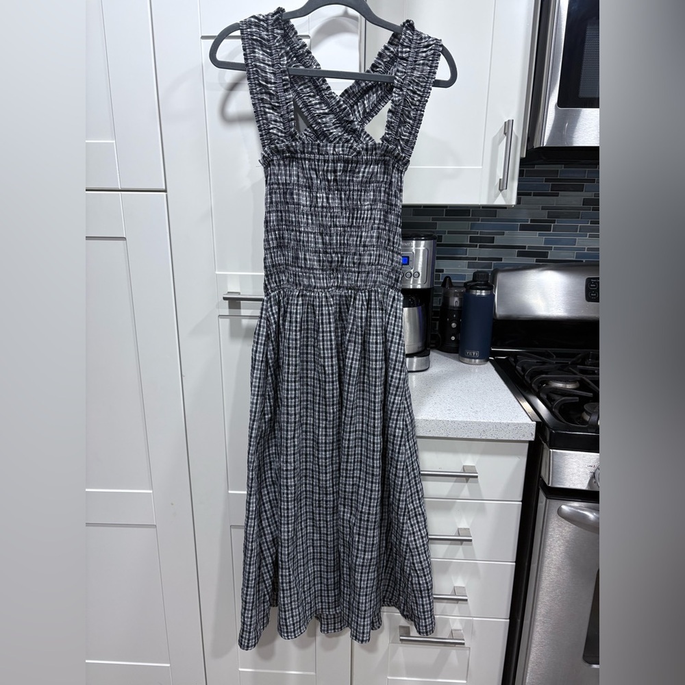 Beige Botany smocked gingham midi dress